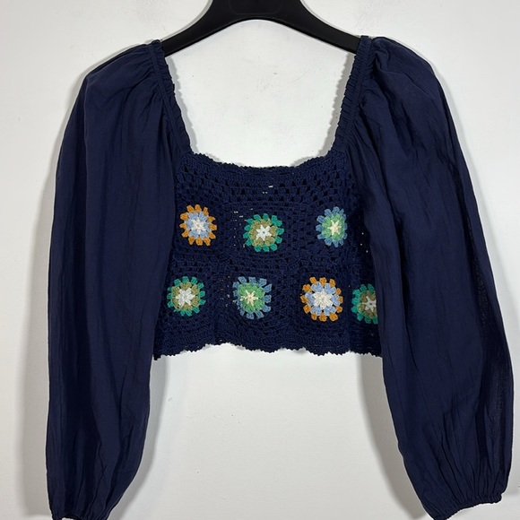 Aerie Peasant Crop Top Cotton Crocheted Granny Square Medium Navy Cottage core - Picture 2 of 9